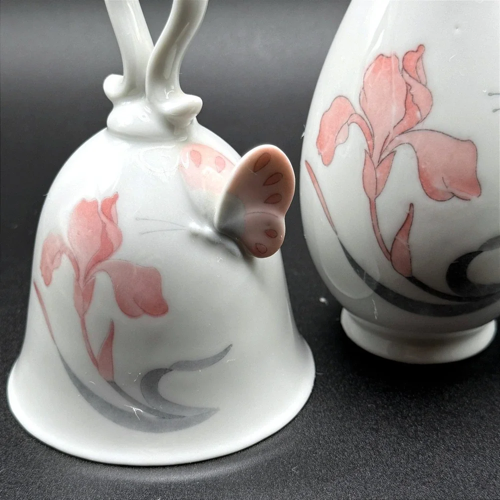 Vintage‎ Japanese Porcelain Butterfly Bell & Bud Vase Set Pink Coquette Floral